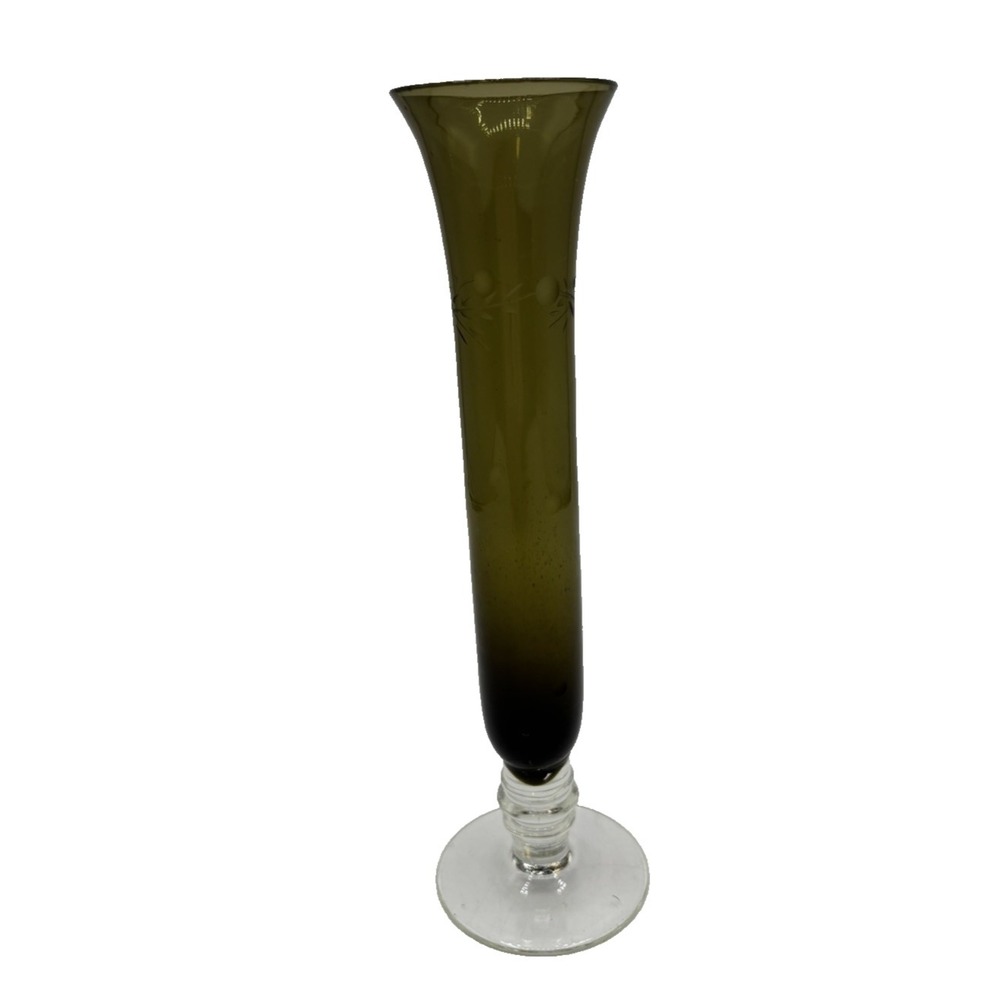 Vintage MCM Smokey Olive Green Laurel Dot Etched Bud Vase 7.25" Tall